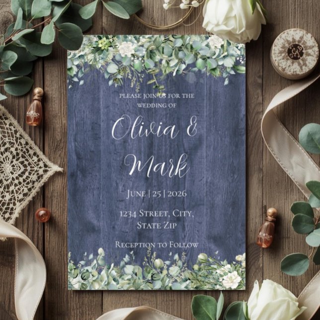 Invitation Mariage Fleurie Blanc Eucalyptus Bois Marine (Créateur téléchargé)
