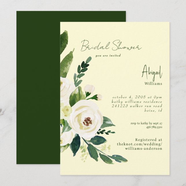 Invitation Mariage Fleurie Blanc Jaune et Vert (Devant / Derrière)