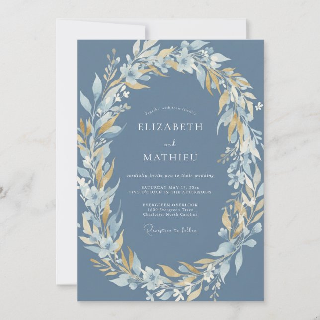 Invitation Mariage Fleurie Bleu Acier Doré (Devant)