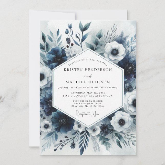 Invitation Mariage Fleurie Bleu Ardoise (Devant)