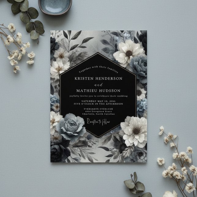 Invitation Mariage Fleurie Bleu Ardoise (Créateur téléchargé)