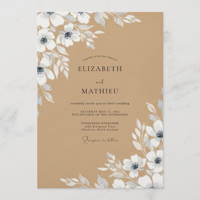 Invitation Mariage Fleurie Bleu Ardoise à l'Aquarelle (Devant)