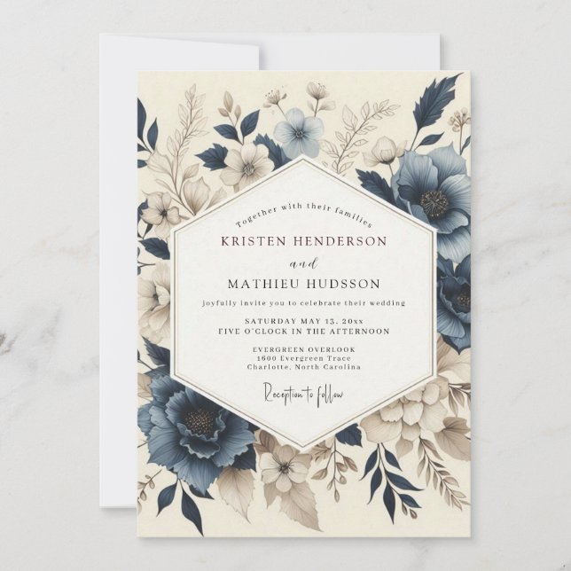 Invitation Mariage Fleurie Bleu Ardoise Assourdi (Devant)