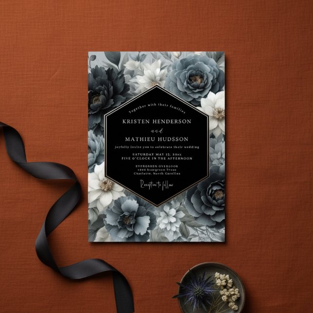 Invitation Mariage Fleurie Bleu Ardoise Foncé (Créateur téléchargé)
