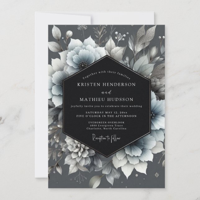 Invitation Mariage Fleurie Bleu Ardoise Humeur (Devant)