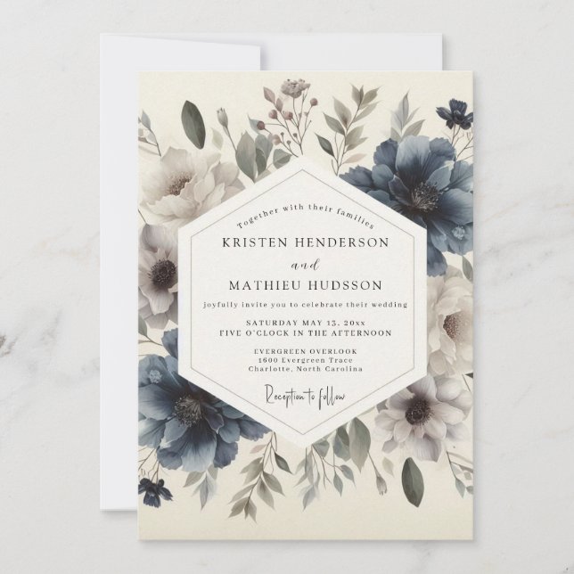Invitation Mariage Fleurie Bleu Ardoise Humeur (Devant)
