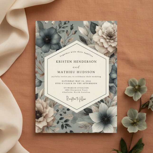 Invitation Mariage Fleurie Bleu Ardoise Maussade (Créateur téléchargé)