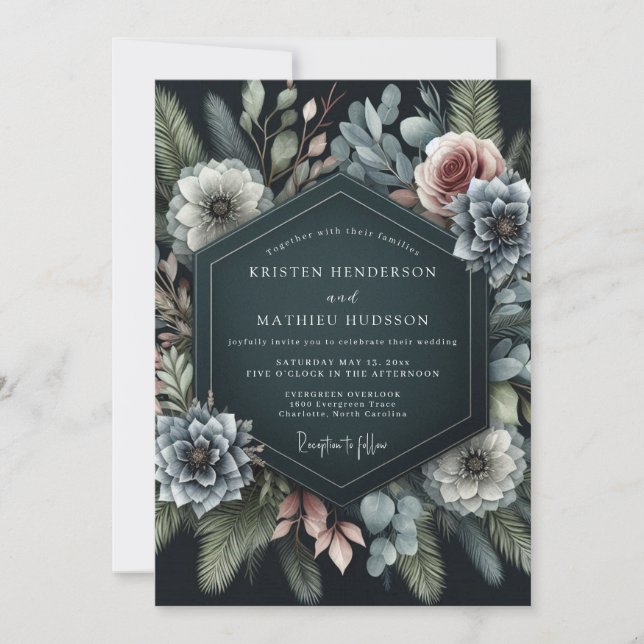 Invitation Mariage Fleurie Bleu Ardoise Maussade (Devant)