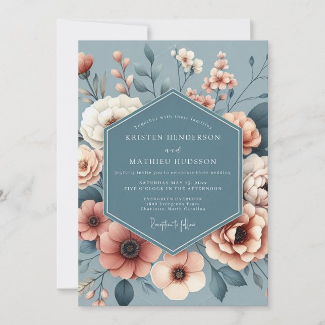 Invitation Mariage Fleurie Bleu Ardoise Peint (Devant)