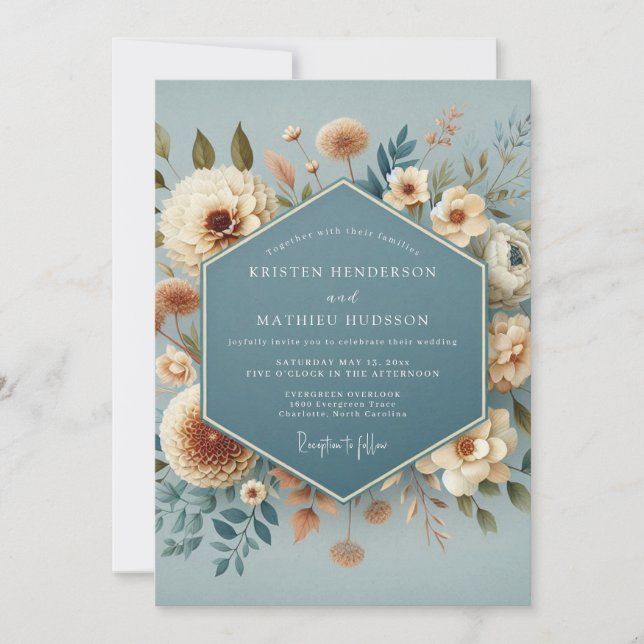 Invitation Mariage Fleurie Bleu Ardoise Poétique (Devant)