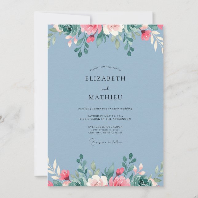 Invitation Mariage Fleurie Bleu Ardoise Verdoyant (Devant)