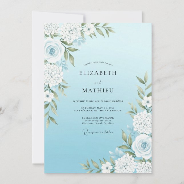 Invitation Mariage Fleurie Bleu Céleste (Devant)