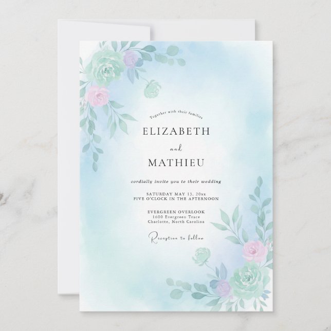 Invitation Mariage Fleurie Bleu Céleste Sérénité (Devant)