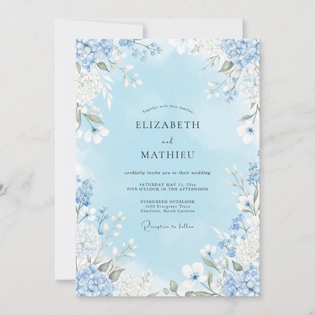 Invitation Mariage Fleurie Bleu Ciel (Devant)