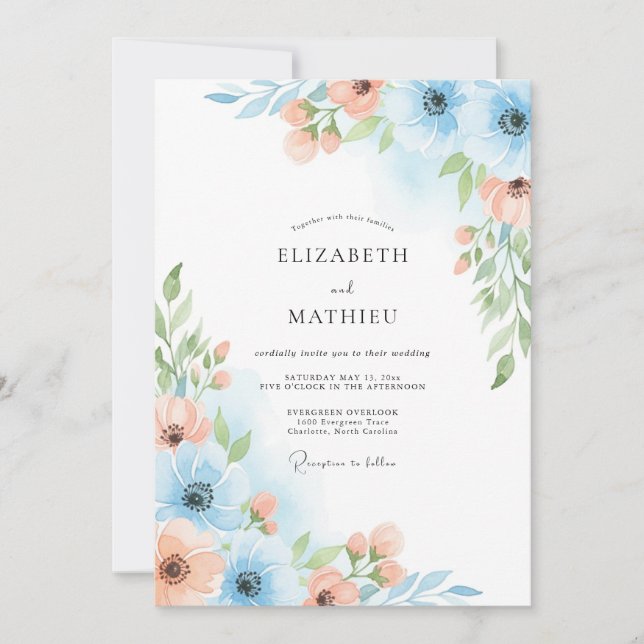 Invitation Mariage Fleurie Bleu Ciel (Devant)