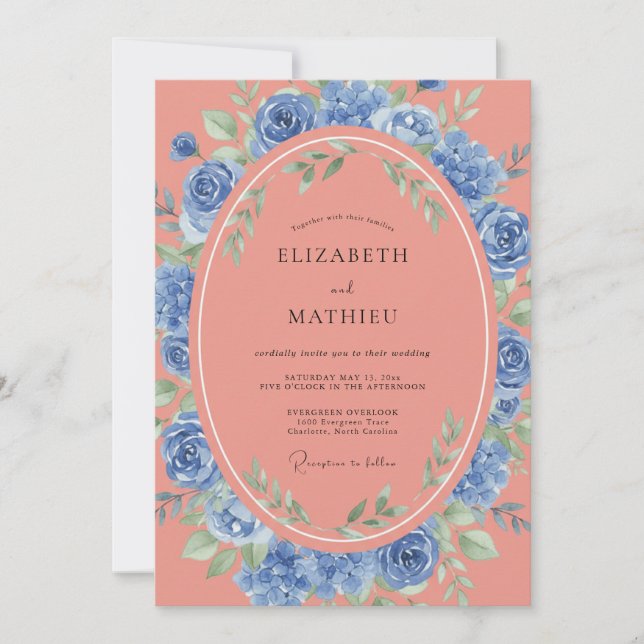 Invitation Mariage Fleurie Bleu Corail (Devant)