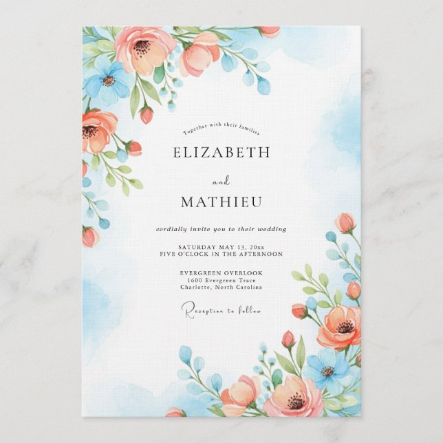 Invitation Mariage Fleurie Bleu Corail à l'Aquarelle (Devant)