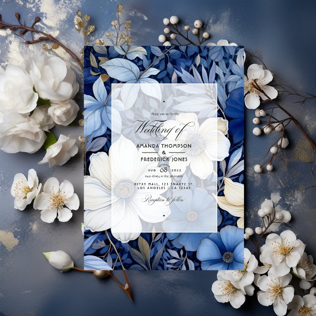 Invitation Mariage Fleurie Bleu Foncé, Argent et Blanc (Créateur téléchargé)