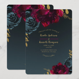 Invitation Mariage Fleurie Bleu Foncé Orné de Feuillage Doré