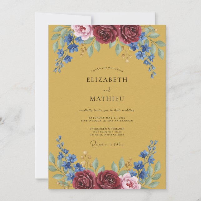 Invitation Mariage Fleurie Bleu Grenat (Devant)