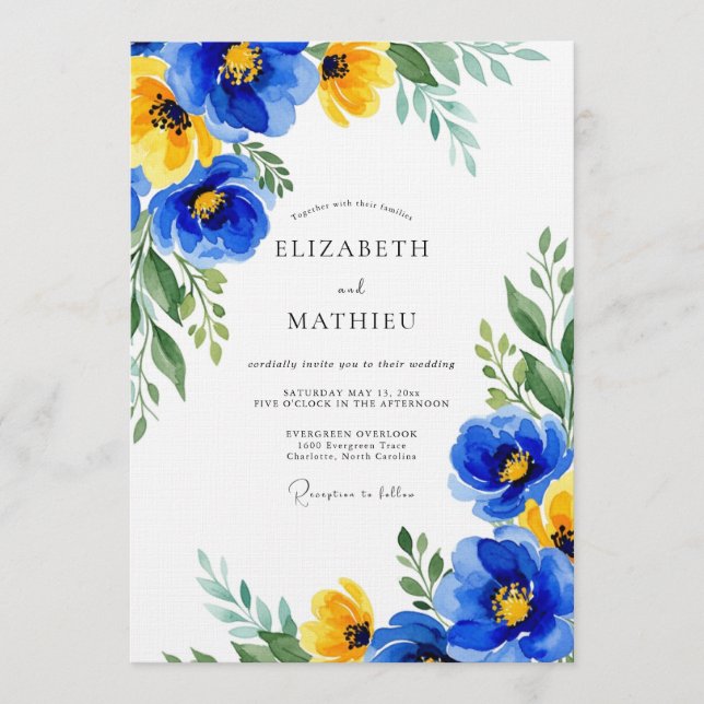 Invitation Mariage Fleurie Bleu Jaune Luxuriant (Devant)