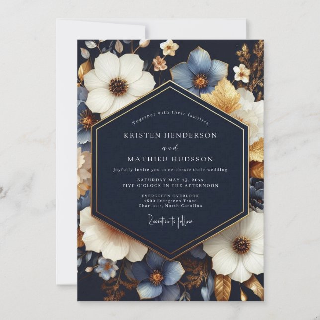 Invitation Mariage Fleurie Bleu Marine (Devant)