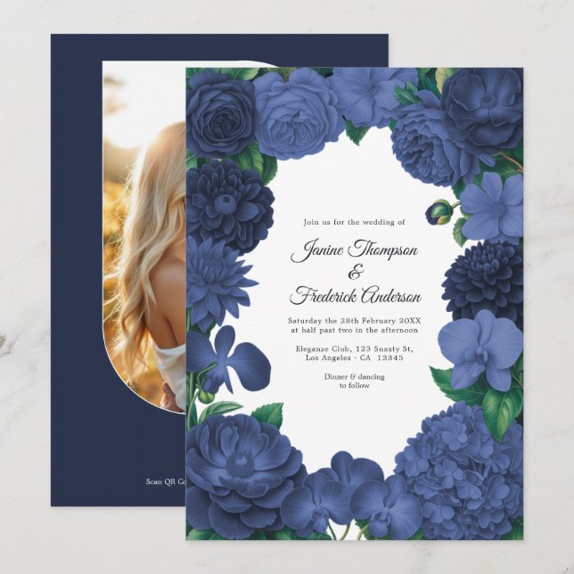 Invitation Mariage Fleurie Bleu Marine avec Photo et Code QR (Devant / Derrière)