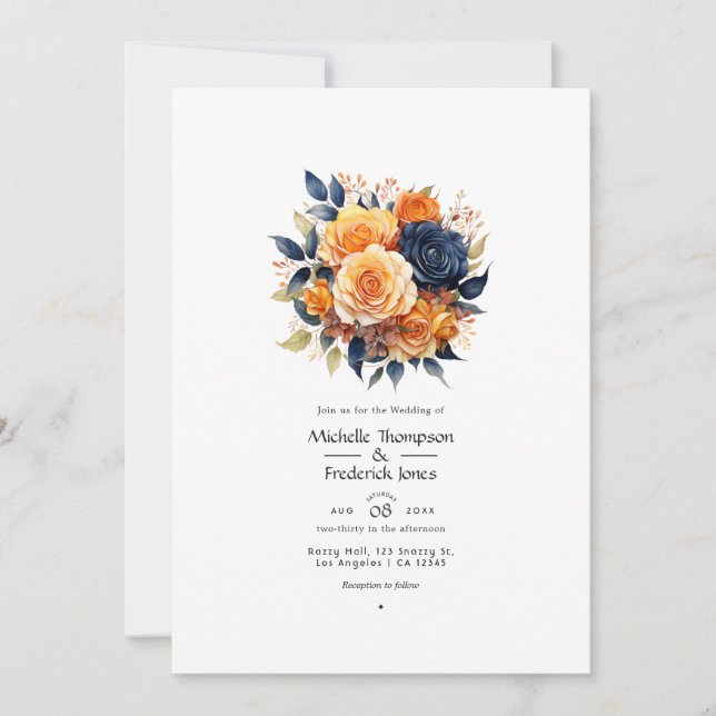 Invitation Mariage Fleurie Bleu Marine et Orange (Devant)