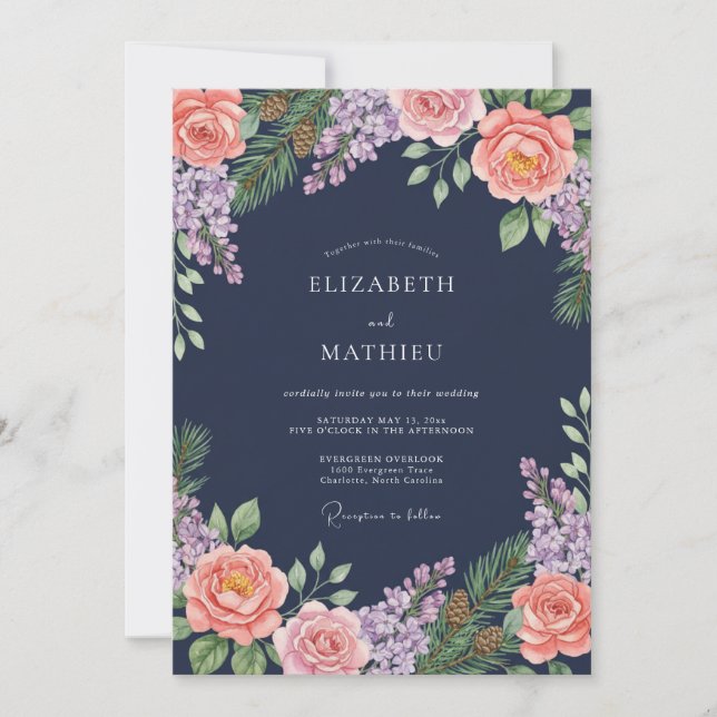 Invitation Mariage Fleurie Bleu Marine et Rose (Devant)