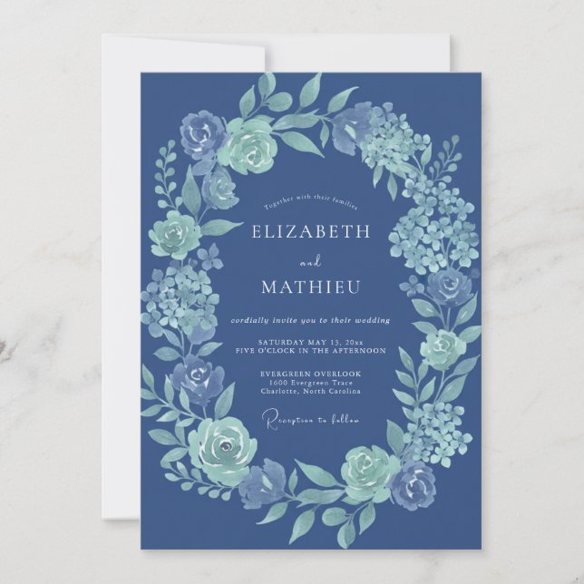 Invitation Mariage Fleurie Bleu Marine Laurier (Devant)
