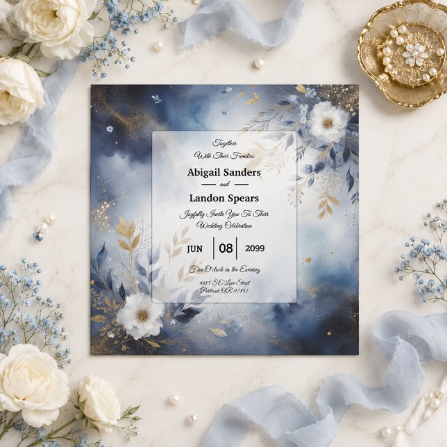 Invitation Mariage Fleurie Bleu Nuit et Or (Créateur téléchargé)