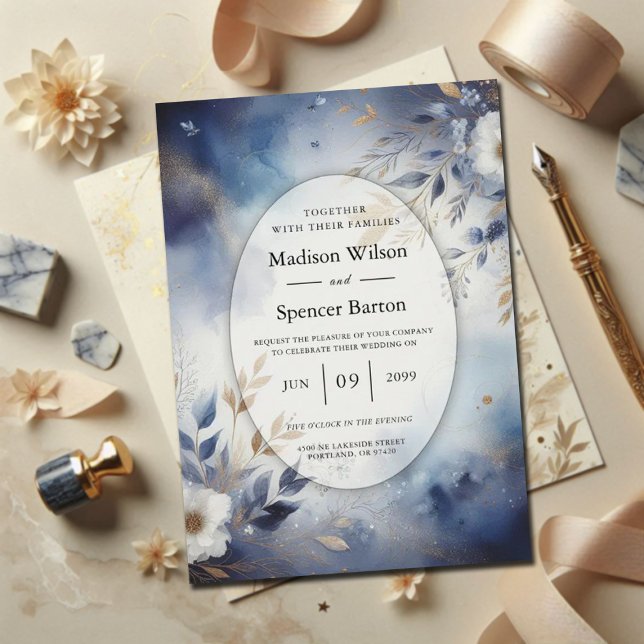 Invitation Mariage Fleurie Bleu Nuit et Or (Créateur téléchargé)