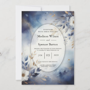 Invitation Mariage Fleurie Bleu Nuit et Or