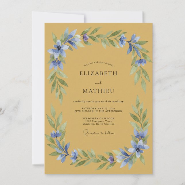 Invitation Mariage Fleurie Bleu Ocre (Devant)