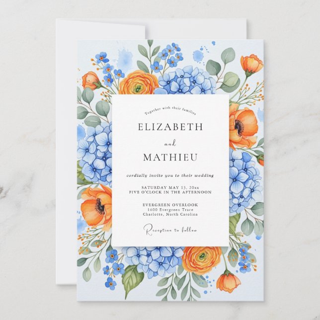Invitation Mariage Fleurie Bleu Orange Verdoyant (Devant)