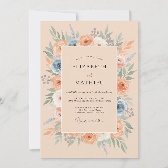 Invitation Mariage Fleurie Bleu Pêche Floraison (Devant)