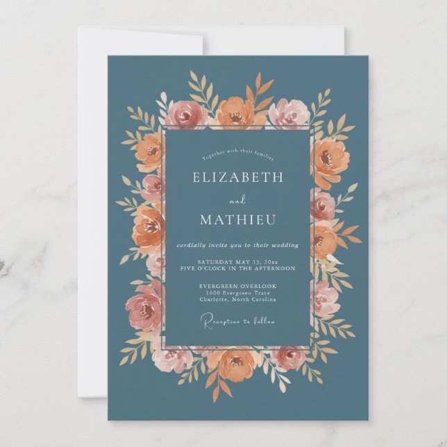 Invitation Mariage Fleurie Bleu Poussiéreux (Devant)
