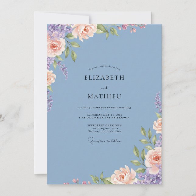 Invitation Mariage Fleurie Bleu Poussiéreux (Devant)