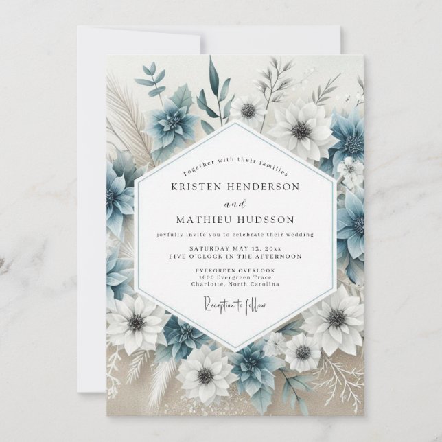Invitation Mariage Fleurie Bleu Poussiéreux (Devant)