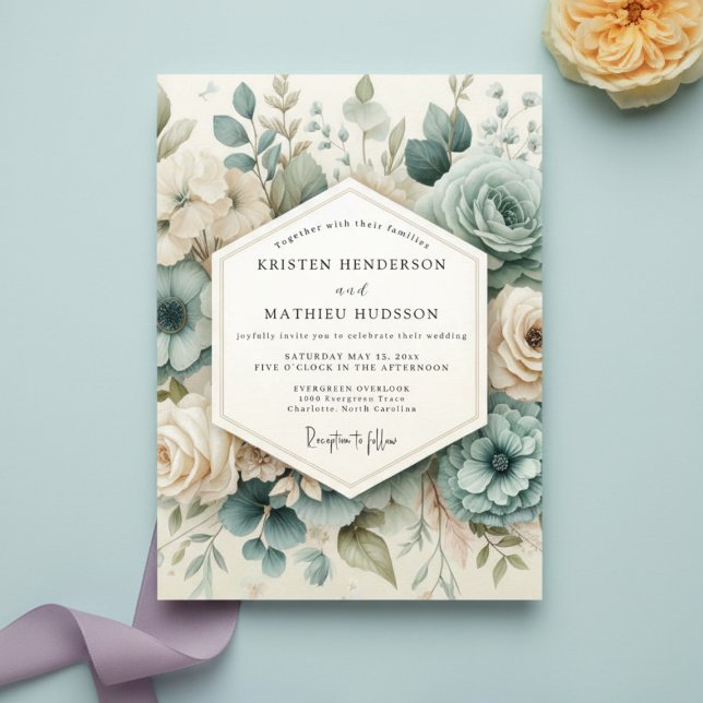 Invitation Mariage Fleurie Bleu Poussiéreux (Créateur téléchargé)