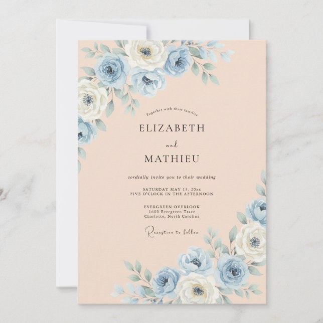 Invitation Mariage Fleurie Bleu Poussiéreux (Devant)