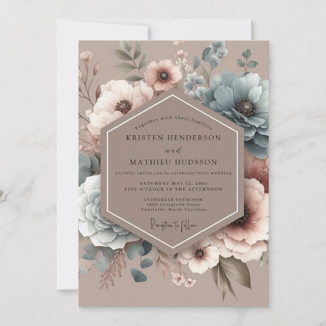 Invitation Mariage Fleurie Bleu Poussiéreux (Devant)