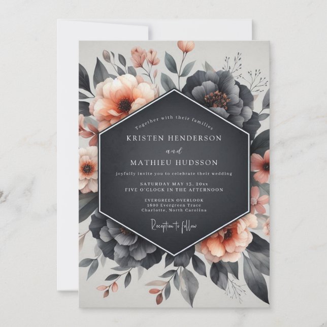 Invitation Mariage Fleurie Bleu Poussiéreux (Devant)