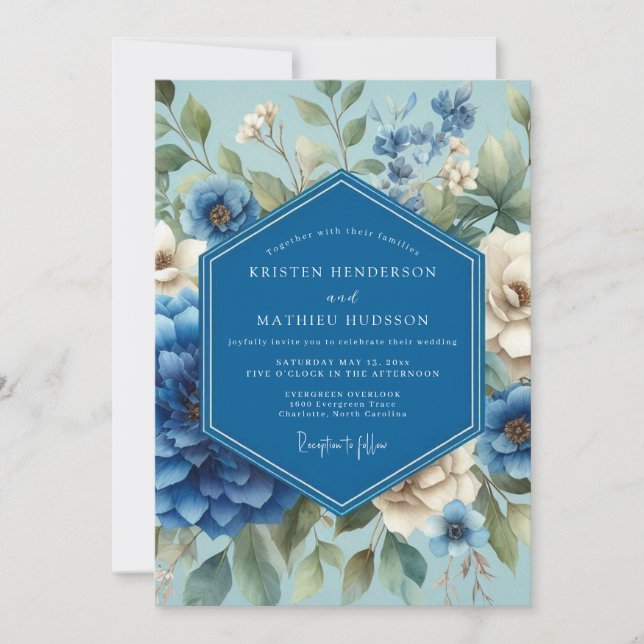 Invitation Mariage Fleurie Bleu Saphir (Devant)