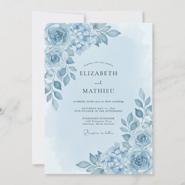 Invitation Mariage Fleurie Bleue (Devant)