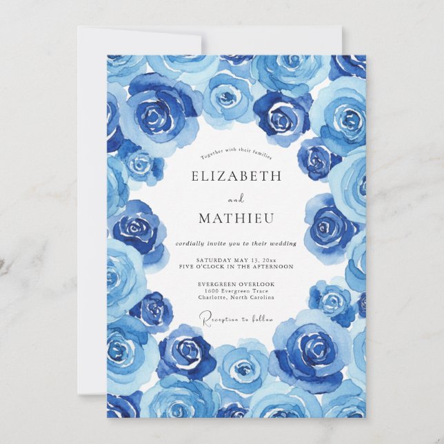 Invitation Mariage Fleurie Bleuet Indigo (Devant)