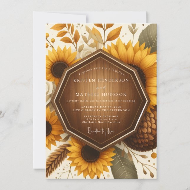 Invitation Mariage Fleurie Bois Sunflower (Devant)