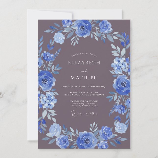 Invitation Mariage Fleurie Botanique Bleu Profond (Devant)