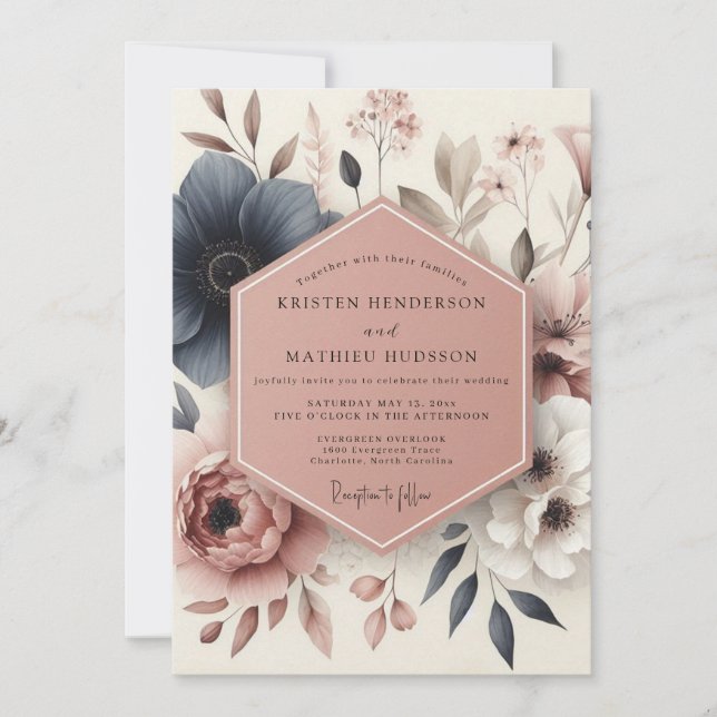 Invitation Mariage Fleurie Botanique Bleue (Devant)