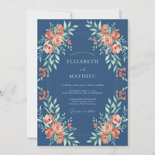 Invitation Mariage Fleurie Botanique Corail de la Marine (Devant)